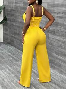 Slaydiva Elegant Spaghetti Strap Back Crop Top Wide Leg Bow Belt Trousers Yellow Women's Two-Piece Set-C
