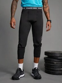 Coreblaze Boyfriend Style Men's Letter Print Sports Compression Pants, Casual Daily Wear Gym Clothe Hiking Outfit Cropped Undershirt - Dusty Blue - View 3
