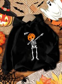 SHEIN Áo nỉ trùm đầu rộng rãi phong cách Halloween hoạt hình tối giản cho bé trai tuổi mới lớn, phù hợp cho mùa thu và đông, quần áo mùa thu - màu đen - Xem 2