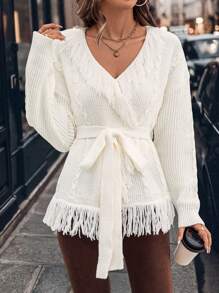 SHEIN Clasi Elegante cárdigan suelto con cuello en V, cintura con lazo y diseño con flecos para mujeres