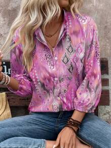 EMERY ROSE Women's Spring & Summer Geometric Print Lantern Sleeve Loose Casual Shirt, Random Print - Multicolor - View 4