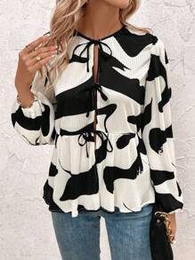 SHEIN Clasi Women's Casual Colorblock Printed Blouse, Spring Autumn Long Sleeve Shirt Tie Shirt Fall Women Clothes Fall Women Shirts Long Sleeve Women Blouses - Black and White - View 4