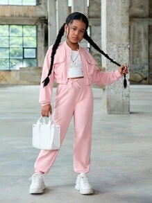 SHEIN SLAYR Tween Girl Tween Girl 翻盖口袋运动衫和慢跑裤套装 - 淺粉色 - 查看 8