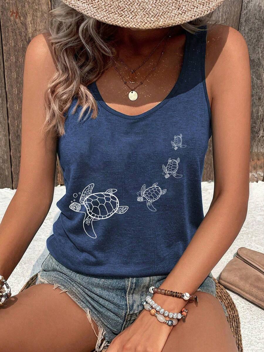 INAWLY Ladies' Sleeveless Turtle Printed Blue Summer Top Graphic Tees Women Tops
