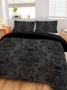 Juego de ropa de cama de 3 piezas con diseño de calavera, en estilo gótico barroco victoriano en negro y gris, 1 funda nórdica + 2 fundas de almohada, impresión de alta definición en tela de 100% poliéster, suave y cómodo, adecuado para dormitorio, dormitorio, camping, viaje - Multicolor - Ver 5