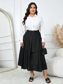 Mulvari Plus Size Solid Color Casual Skirt, Spring&Autumn - Black - View 4