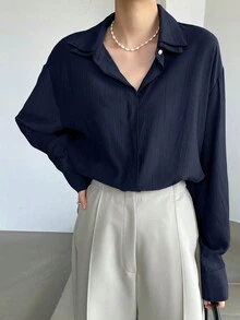 DAZY Áo sơ mi công sở dài tay họa tiết dành cho nữ - Màu xanh hải quân - Xem 5