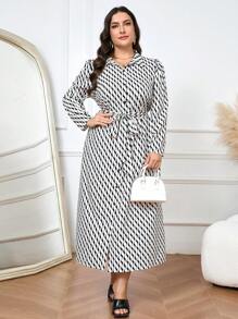 Modelyn Vestido camisero modesto de manga larga con estampado de rayas onduladas para mujer talla grande, para primavera/verano. Vestidos largos de estilo árabe para eventos de noche