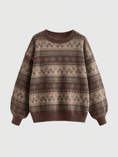 ROMWE Fairycore 女士几何图案圆领落肩宽松休闲毛衣，秋冬季，长袖上衣