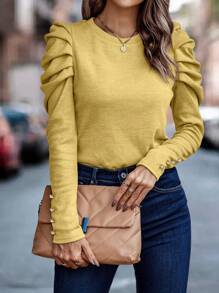 SHEIN Clasi Chất rắn Tay áo Áo thun - Màu vàng - Xem 1