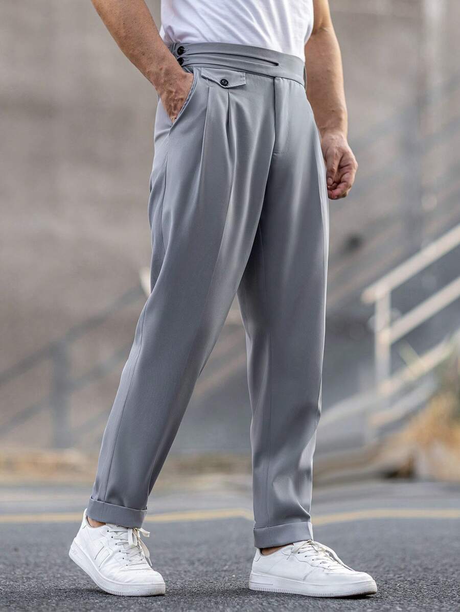 Manfinity Mode Quần âu ống côn màu trơn thường ngày cho nam - Xám - Xem 1