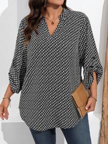 Chemise imprimée à manches retroussées, grande taille, printemps/automne - Noir - Voir 6