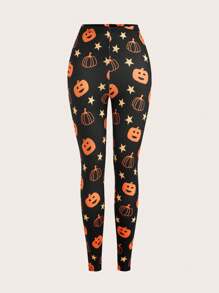 SHEIN EZwear Women's Halloween Pumpkin Print Leggings, 2 Pieces Set - Multicolor - View 6