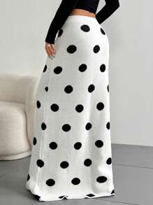Váy len dài chấm bi đuôi cá giản dị, đa năng cho mùa thu/đông - Đen và trắng - Xem 2