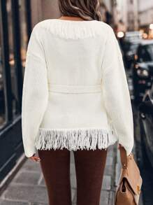 SHEIN Clasi Elegante cárdigan suelto con cuello en V, cintura con lazo y diseño con flecos para mujeres