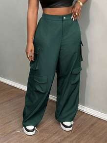Slaydiva 冬季大码休闲街头风格多口袋宽松直筒绿色工装裤 - 綠色 - 查看 6