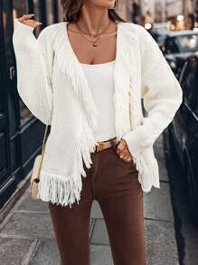 SHEIN Clasi Elegante cárdigan suelto con cuello en V, cintura con lazo y diseño con flecos para mujeres