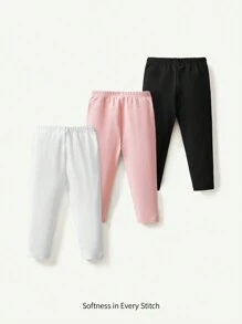 Cozy Pixies 3 件套女婴休闲松紧腰纯色紧身裤 - 粉色 - 查看 1