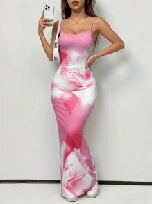 SHEIN EZwear 女式修身长款优雅花卉印花细肩带连衣裙（夏季） - 粉色 - 查看 5
