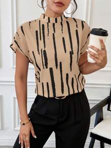 SHEIN Essnce Áo sơ mi tay ngắn cổ bẻ in họa tiết cọ thanh lịch rộng rãi cho nữ, mùa hè - Lạc đà - Xem 3