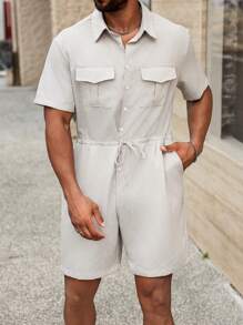 Manfinity Homme Plus Size Men's Casual Solid Color Drawstring Waist Romper
