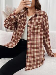 SHEIN LUNE Veste décontractée à manches longues, poches utilitaires, à carreaux, ample, pour femmes, tailles grandes, pour le printemps et l'automne, pour le port quotidien, les vacances de Thanksgiving - Multicolore - Voir 4