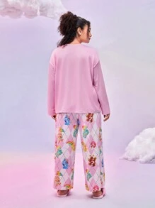 SHEIN X Care Bears 大码休闲家居服可爱甜美字母卡通印花长袖粉色T恤和裤子女士睡衣套装，适合秋季、秋冬季穿着