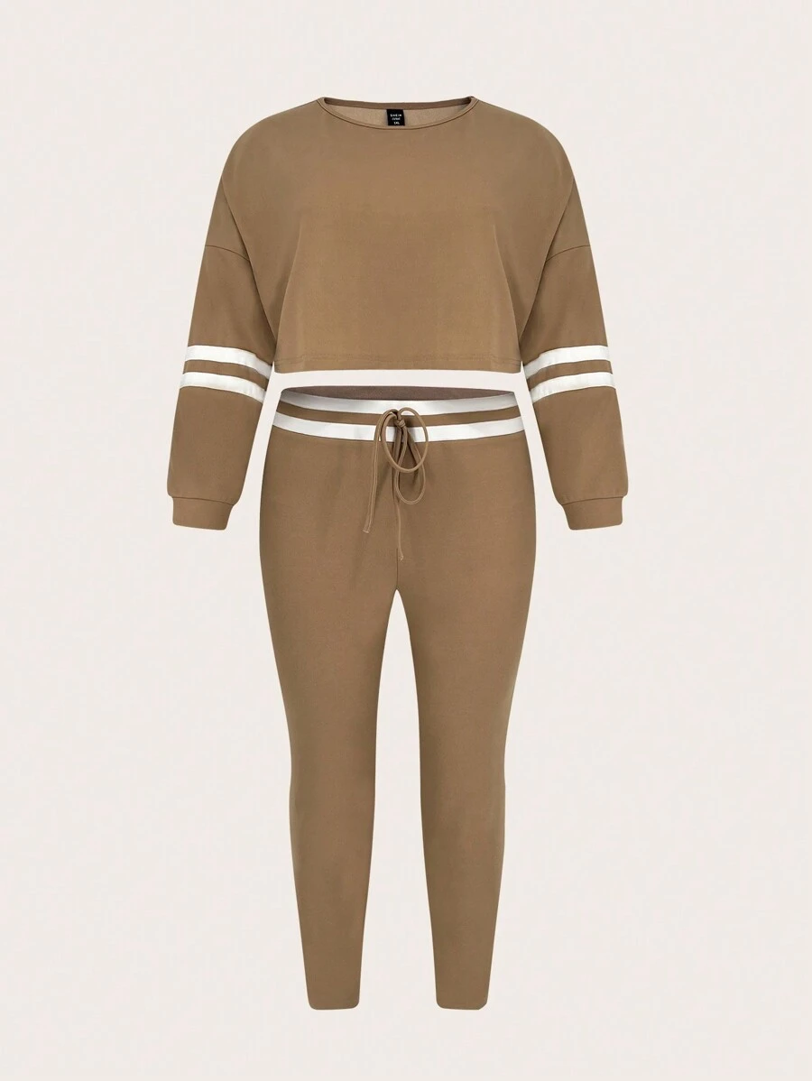 Slaydiva Hơn Sọc trang trí Thả vai Áo len crop & Dây thắt lưng Xà cạp - Màu Khaki - Xem 1