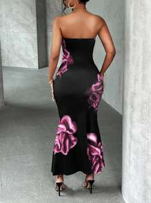 Slaydiva 夏季新款优雅抹胸无袖修身长裙鱼尾裙粉紫花满花印花黑底花朵印花女装连衣裙 - 彩色 - 查看 2