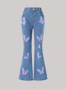 Tween Girls Fashionable Butterfly Print Flare Ripped Pants - Medium Wash - View 1