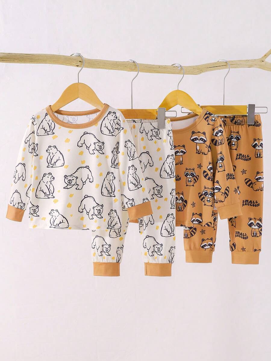 SHEIN Bộ trang phục phối màu gấu trúc và gấu nâu hoạt hình dễ thương cho bé trai 2 món, mặc thường ngày - Nhiều màu - Xem 1