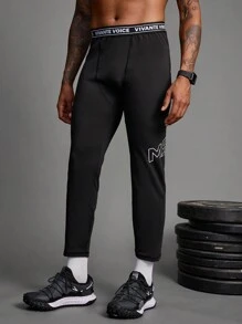 Coreblaze Boyfriend Style Men's Letter Print Sports Compression Pants, Casual Daily Wear Gym Clothe Hiking Outfit Cropped Undershirt - Dusty Blue - View 4