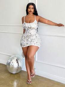 Slaydiva Vestido mini ceñido con escote bajo, sin mangas, con decoración de perlas, para mujer de talla grande, elegante para verano - Plateado - Plateado - Ver 4