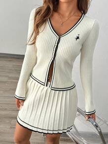 Chiquease 2pcs Women's V-Neck Long Sleeve Striped Sweater Top And Pleated Casual Skirt Set Fall Winter Cloth For Women - Beige - View 3