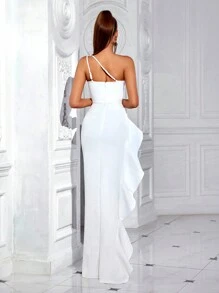 ADYCE One Shoulder Elegant Wedding Guest Ruffle Trim Split Front Cocktail Party Prom Dress White Formal Evening Gown, For Graduation, Dinner,White Dress New Year - White - View 2