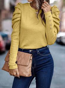 SHEIN Clasi Chất rắn Tay áo Áo thun - Màu vàng - Xem 6