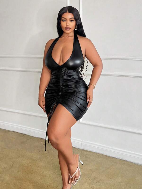 Slaydiva Plus Size Elegant & Party & Gathering & Date & Music Festival Sexy Bodycon Solid Black Deep V-Neck Halter Drawstring PU Coated Fabric Mini Dress For Women, Spring & Summer