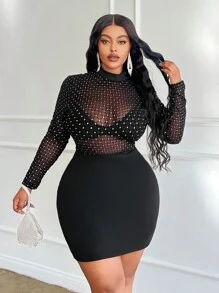 Slaydiva Vestido mini negro sólido y ajustado, elegante, para fiesta, cóctel, evento, cita nocturna, de tela semitransparente con parches de malla con rombos estampados, talla grande