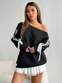 SHEIN Unity Spring/Autumn Casual Color-Block Contrast Lace Trim Asymmetrical Neck Sweatshirt Pullover Fall - Black - View 6