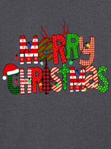 Flirla Camiseta gráfica casual de manga corta y cuello redondo con estampado de letras navideñas para mujer de talla grande