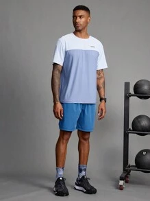Gym Rark Boyfriend Style Men's Zipper Pocket Contrast Color Elastic Waist Loose Sports Shorts Sweat Pants - Teal Blue - View 4