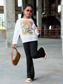 SHEIN Leap Crew Tween Girl Fashionable Urban Style Round Neck Pullover With Long Sleeves And Flared Knitted Pants - Black and White - View 6