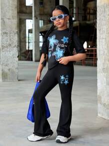 SHEIN Leap Crew طقم بنطال وبلوزة قصيرة أكمام بنمط نجوم مناسب للبنات المراهقات في فصل الصيف، مجموعة كاجوال - الأسود - مشاهدة 6
