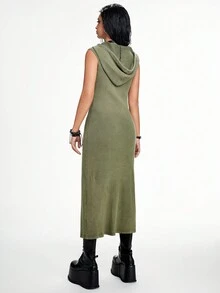 ROMWE Grunge Punk Wasteland Dune Style 女式高开叉连帽无袖紧身连衣裙，灰绿色 - 綠色 - 查看 4