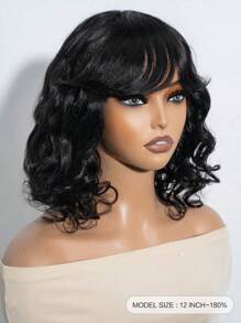 蓬松波浪鲍勃假发带刘海真人头发 12 英寸蓬松深卷发鲍勃假发短蓬松身体鲍勃假发自然黑色 - Natural Black - 查看 2