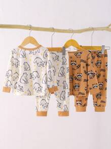 SHEIN Bộ trang phục phối màu gấu trúc và gấu nâu hoạt hình dễ thương cho bé trai 2 món, mặc thường ngày - Nhiều màu - Xem 2