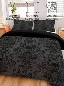 Juego de ropa de cama de 3 piezas con diseño de calavera, en estilo gótico barroco victoriano en negro y gris, 1 funda nórdica + 2 fundas de almohada, impresión de alta definición en tela de 100% poliéster, suave y cómodo, adecuado para dormitorio, dormitorio, camping, viaje - Multicolor - Ver 9