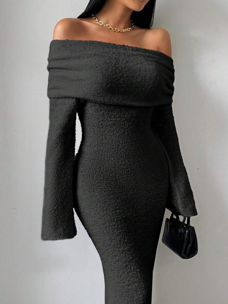 Chiquease 1 件女士露肩纹理白色宽袖口修身直筒针织连衣裙