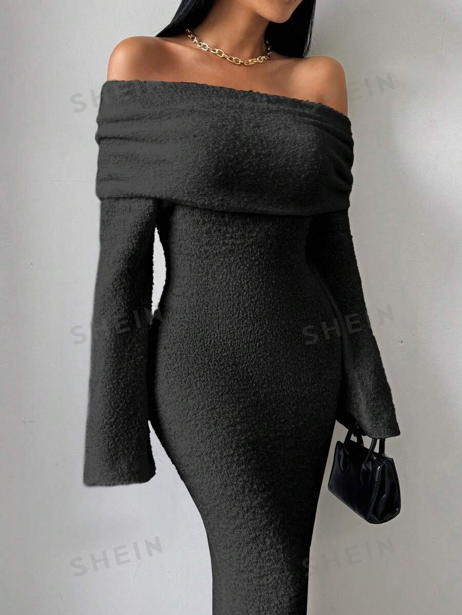 Chiquease 1 pieza Vestido de punto ajustado de corte recto, con hombros descubiertos, textura blanca y puños anchos para mujeres