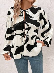 SHEIN Clasi Women's Casual Colorblock Printed Blouse, Spring Autumn Long Sleeve Shirt Tie Shirt Fall Women Clothes Fall Women Shirts Long Sleeve Women Blouses - Black and White - View 3